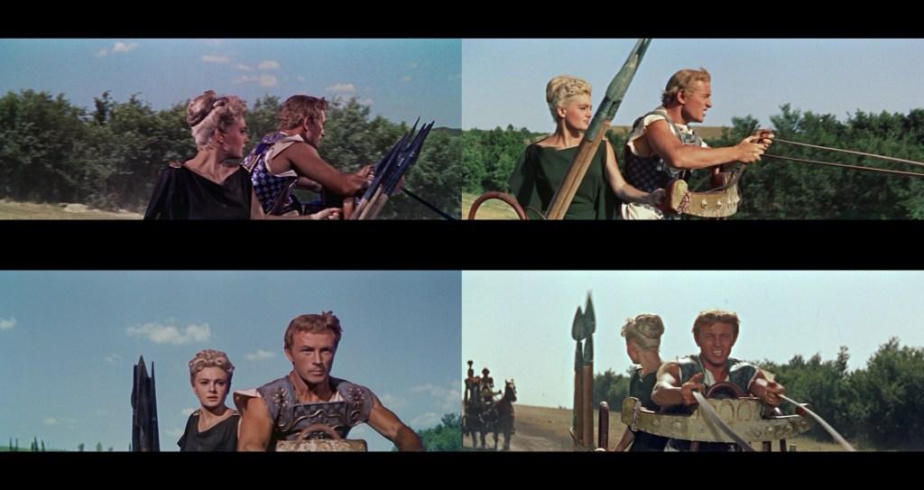 A split image featuring characters in a historical epic setting, with two panels showing individuals preparing for battle. The top left shows a man and two women, while the top right features a man holding a weapon. The bottom panels repeat similar imagery with slight variations, depicting tension and action in a dramatic landscape.