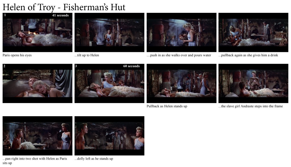 Scene from 'Helen of Troy' depicting Paris in a fisherman's hut waking up and looking at Helen.
