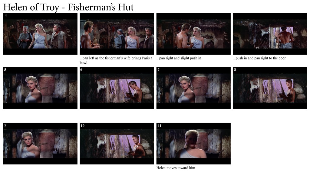 Scene from 'Helen of Troy' showing characters in a fisherman's hut, with Helen in a white dress.