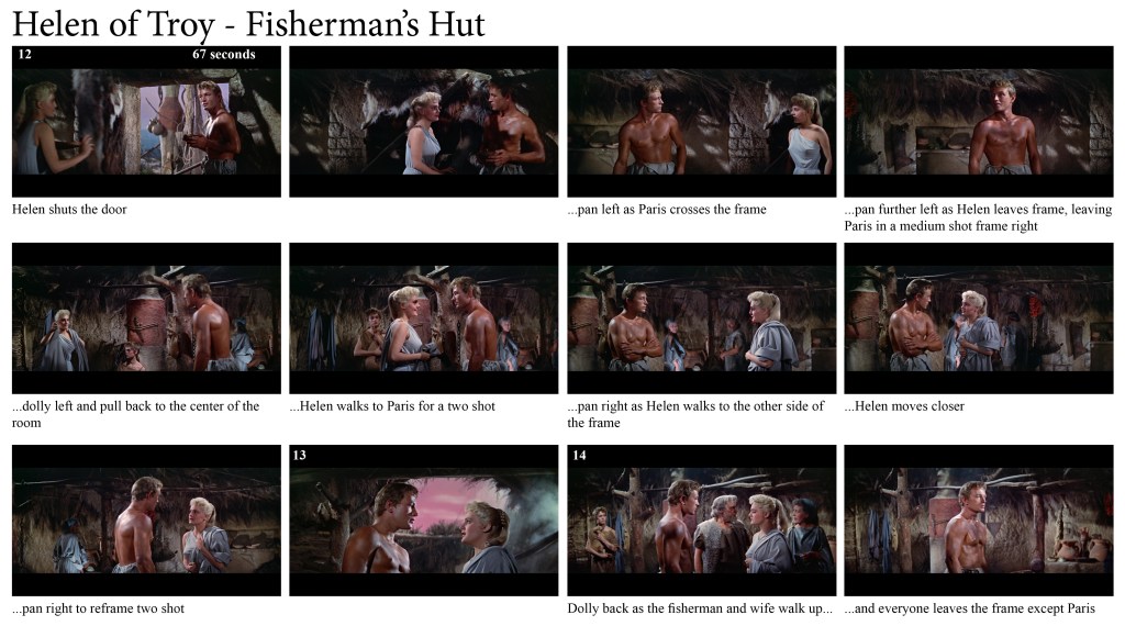 Helen shuts the door in a fisherman's hut.