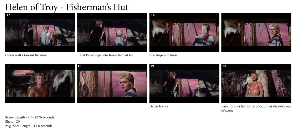 Scene from 'Helen of Troy' featuring Helen walking toward a door in a fisherman's hut.