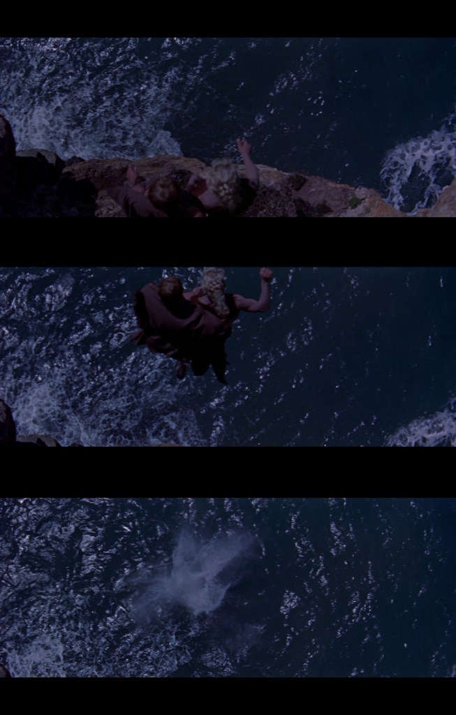 Aerial view of two figures on a cliff about to jump into the ocean, followed by an image of their splash in the water.