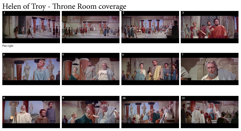 Scene from the movie 'Helen of Troy' showcasing a throne room with various characters in ancient attire.