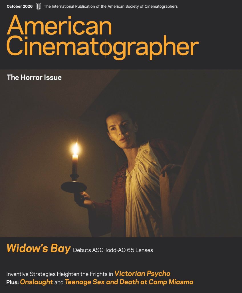 Cover of American Cinematographer magazine featuring a woman holding a candle in a dark setting, highlighting the theme of horror.